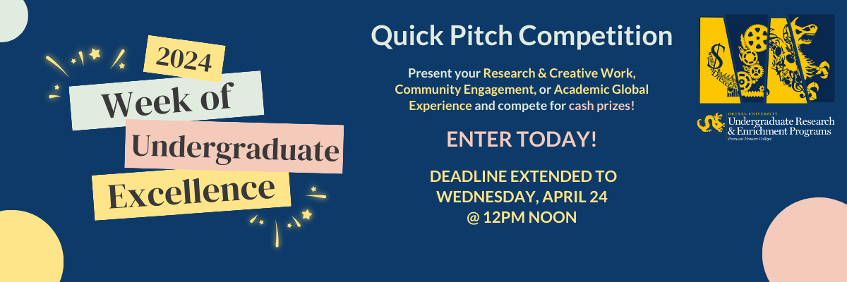 2024 Week of Undergraduate Excellence Quick Pitch Competition. Present your research & creative work, community engagement, or academic global experience and compete for cash prizes! Deadline extended to Wednesday, April 24 at 12pm noon